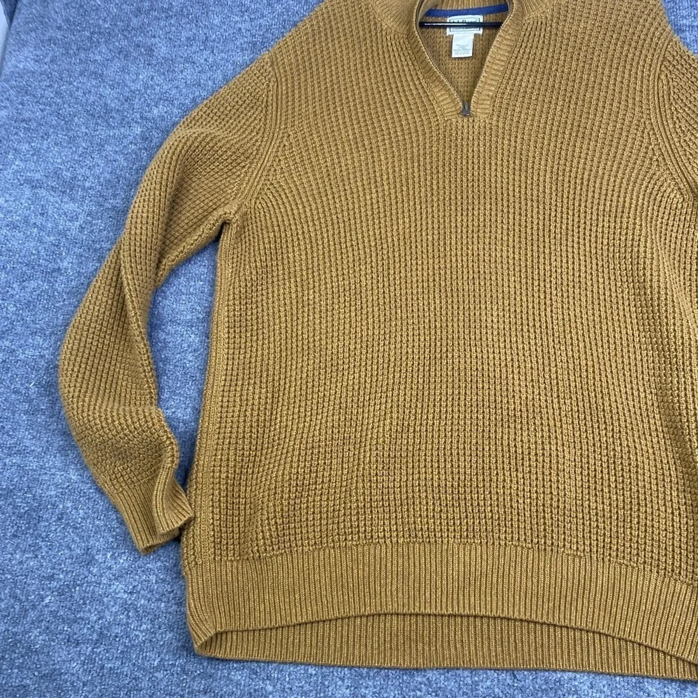 LL Bean Sweater Mens LT Brown 100% Organic Cotton Waffle Knit 1/4 Zip Mock Neck